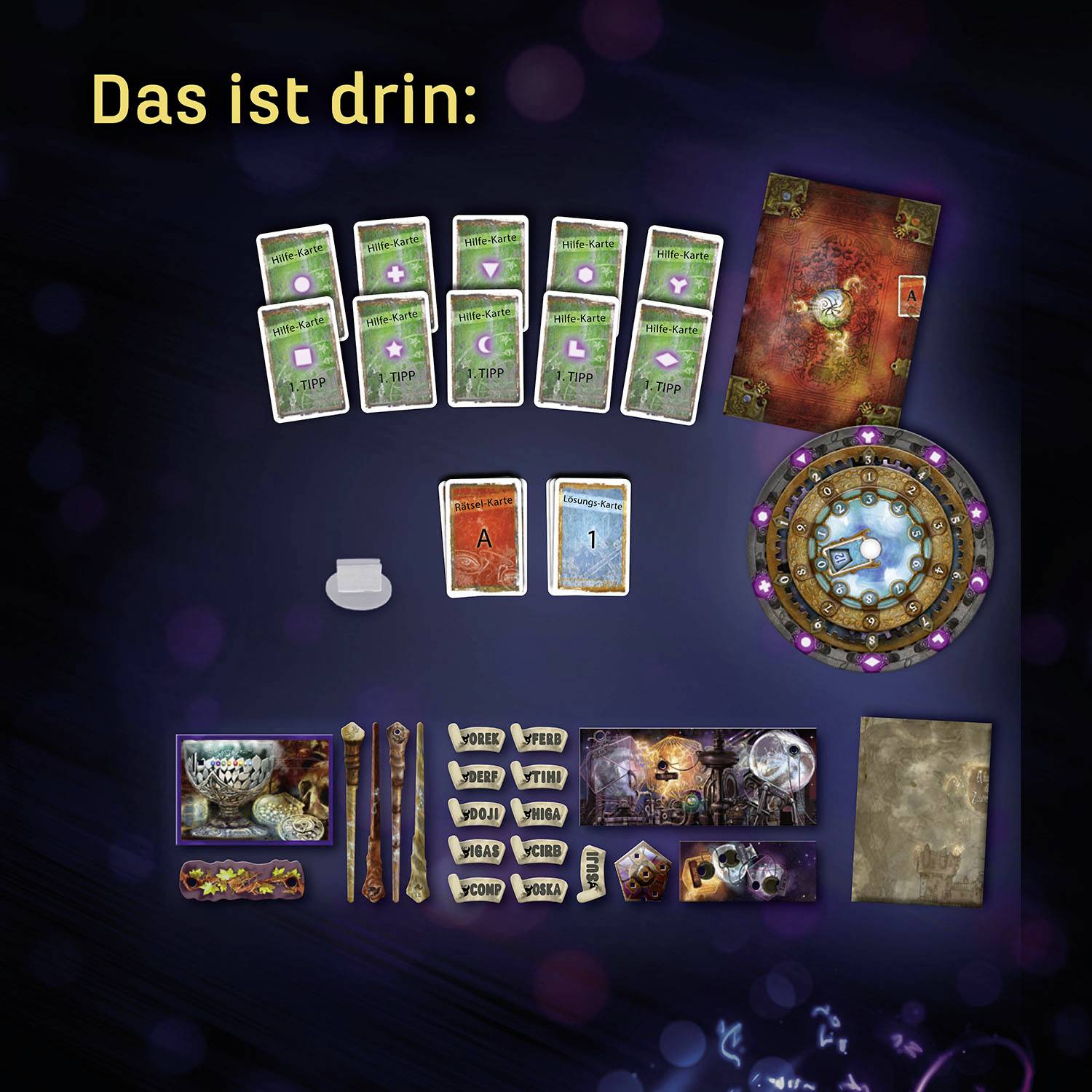 Karten und Spielfiguren aus einem Brettspiel-Set. Oben sind grüne Karten und ein Spielelement, unten Detailkarten und Spielmarken.