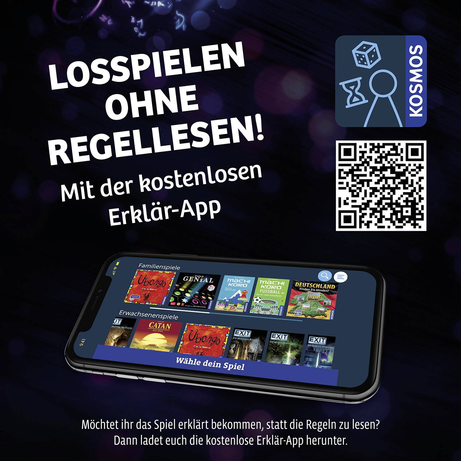 'Losspielen ohne Regellesen! Mit der kostenlosen Erklär-App' – Werbung zeigt Smartphone mit App zur Spielanleitung, QR-Code zur App-Installation.