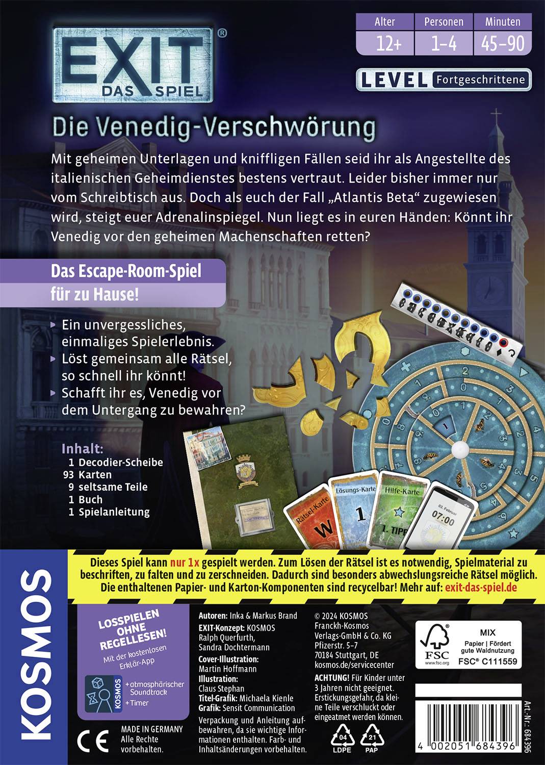 Spiel 'Die Venedig-Verschwörung' von Kosmos: Ein Escape-Room-Erlebnis für zu Hause, empfohlen für 1-4 Spieler ab 12 Jahren. Schwierigkeitsgrad: Fortgeschritten.