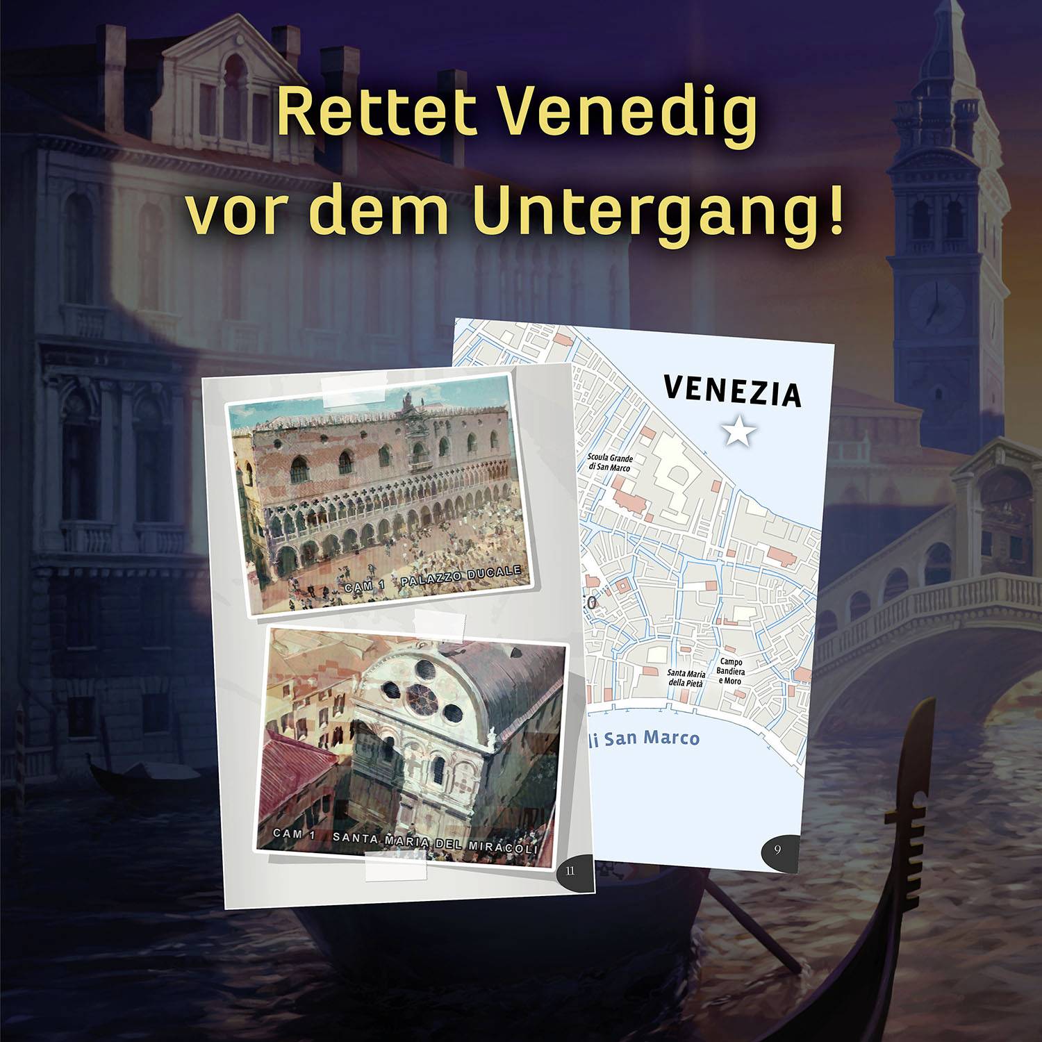 Karte von Venedig mit hervorgehobener Piazza San Marco. Oben Text: 'Rettet Venedig vor dem Untergang!'. Im Hintergrund historische Gebäude.