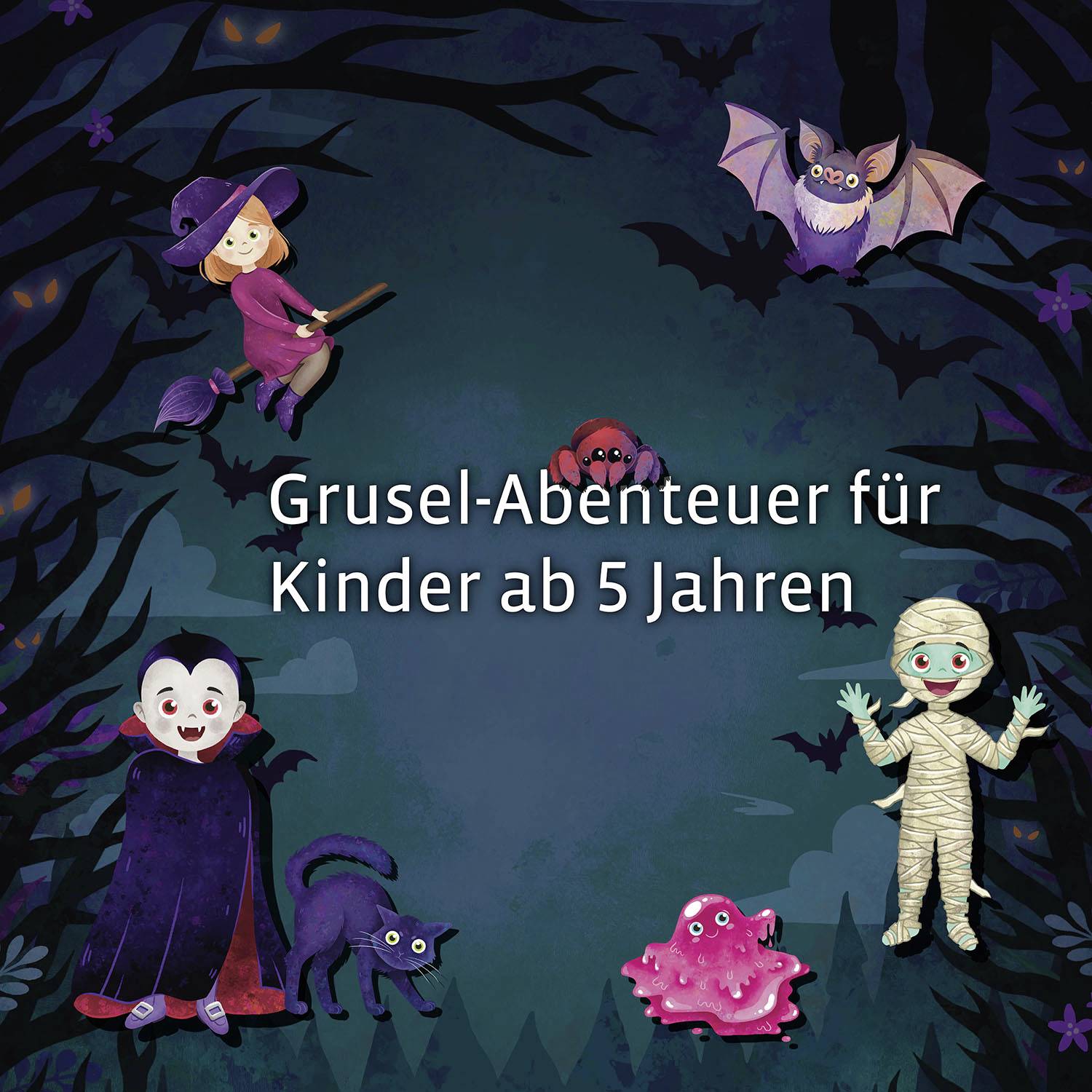 Kinder in gruseliger Halloween-Kostümierung, fliegende Hexe, Fledermaus und Gespenst, mit Text: 'Grusel-Abenteuer für Kinder ab 5 Jahren'.