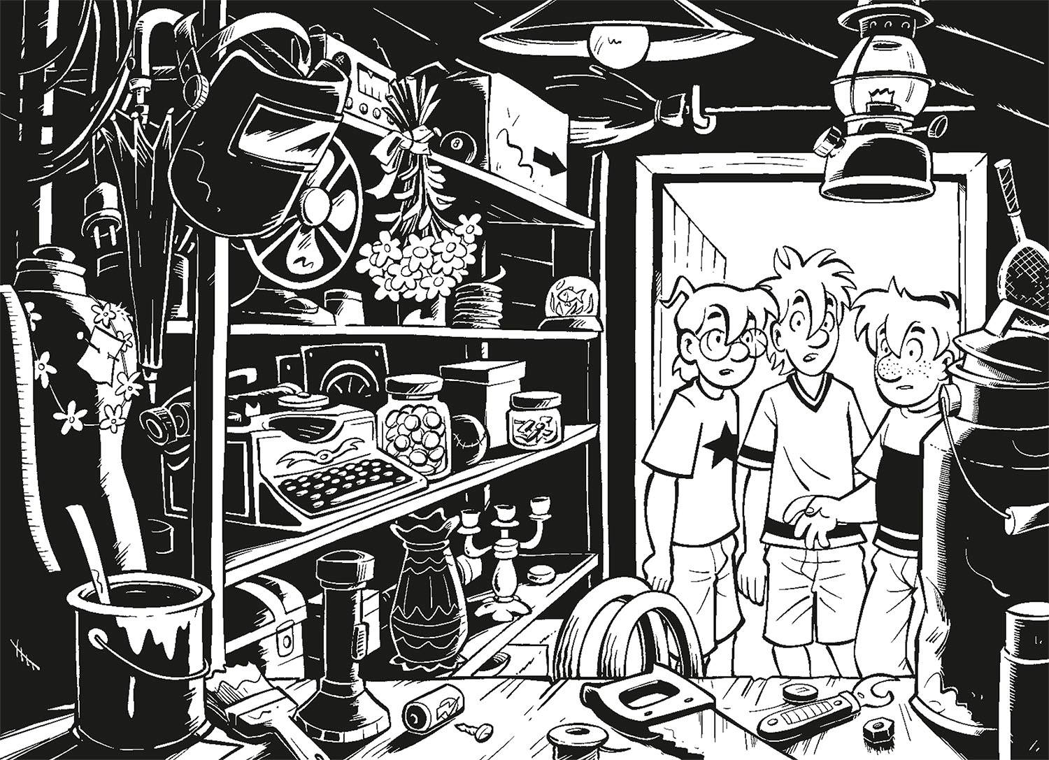 Drei Kinder stehen überrascht in einer überfüllten Werkstatt mit Werkzeugen, Kerzenständern, einer alten Schreibmaschine und Latzhose.