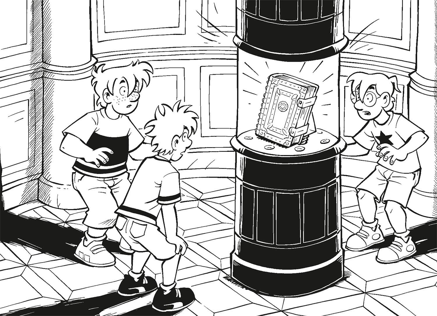 Drei Kinder stehen um einen leuchtenden, antik aussehenden Gegenstand auf einem Podest in einem Raum. Sie wirken erstaunt und aufmerksam.