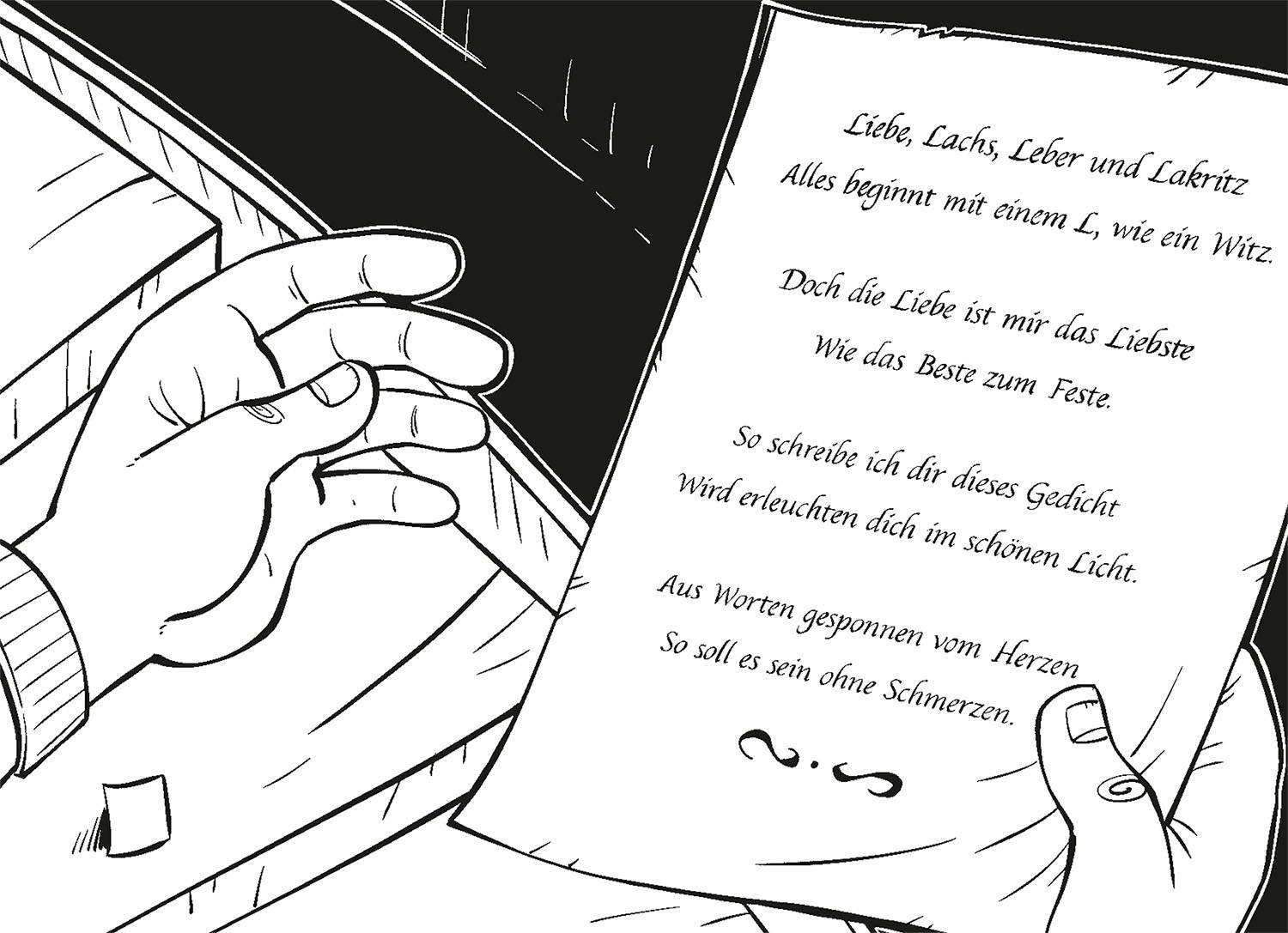 Zwei Hände halten ein Blatt Papier mit einem Gedicht. Der Text handelt von Liebe und kombiniert humorvolle Elemente mit ernsthaften Gefühlen.