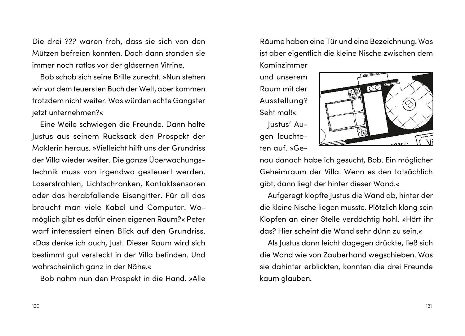 Zwei Buchseiten aus einem Roman. Links Text über Justus und Freunde, rechts Grundriss der Villa. Kapitel über Pläne, Villa und Geheimagent.