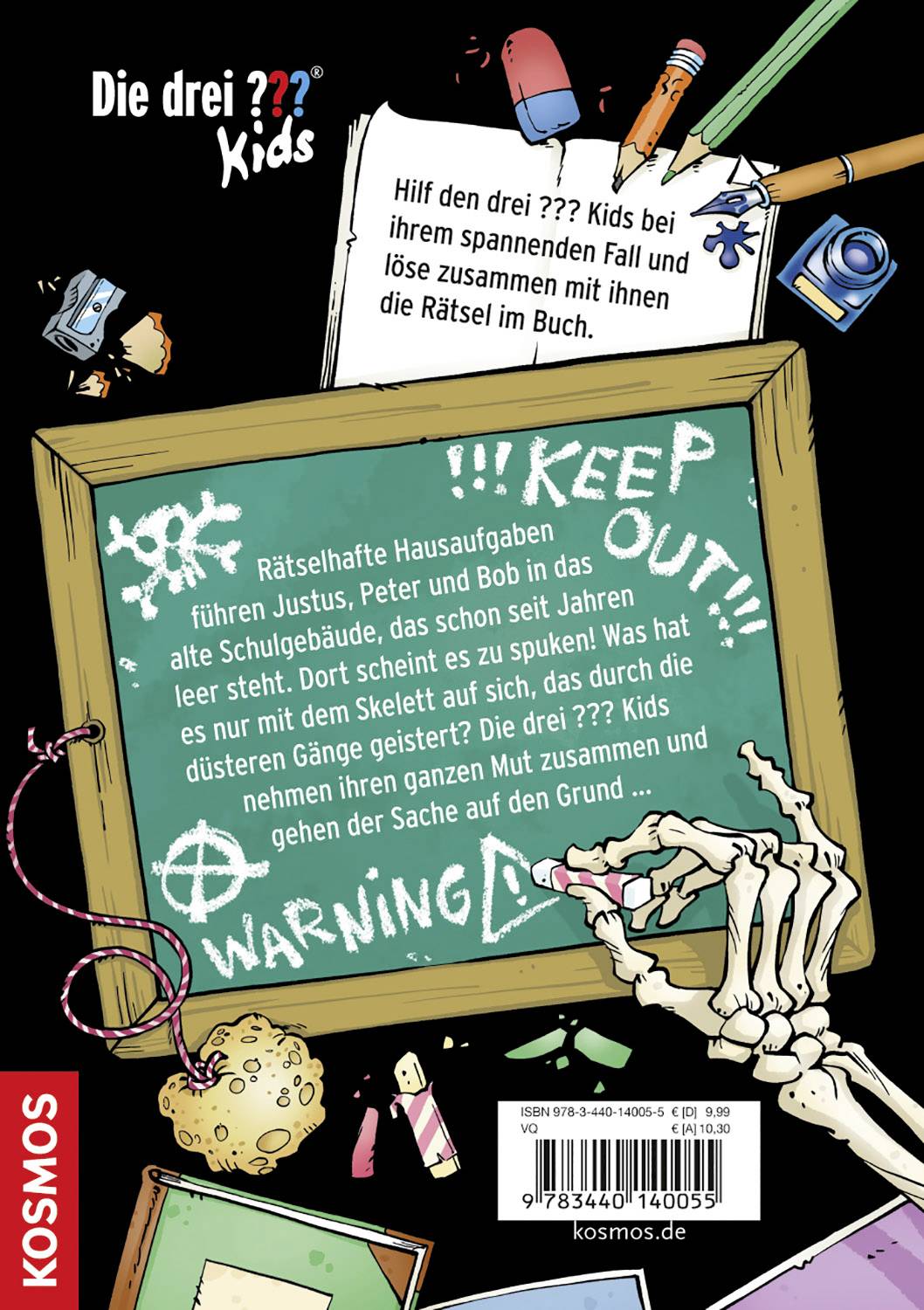 'Die drei ??? Kids' Buchcover zeigt ein Skelett, das eine Tafel mit dem Text 'Keep Out! WARNING' hält. Detektivabenteuer-Illustration.
