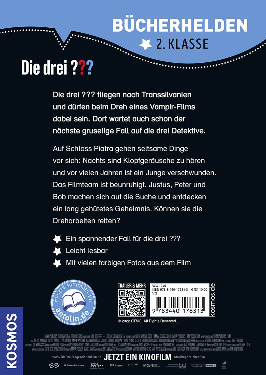 Buchcover von 'Die drei ???', 2. Klasse, mit kurzem Klappentext über ein geheimnisvolles Rätsel auf einem Schloss in Transsilvanien.