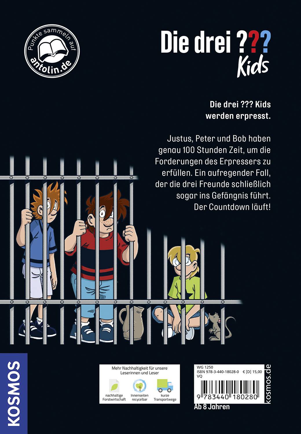 'Drei Kinder hinter Gitterstäben, besorgt blickend, mit dem Text "Die drei ??? Kids werden erpresst".'