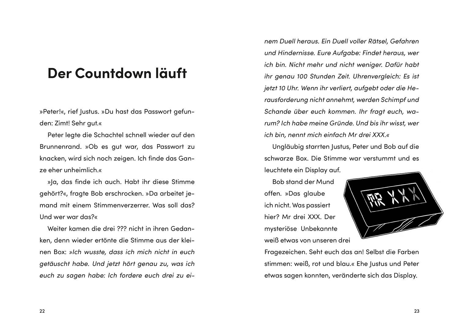 Eine Doppelseite eines Buches mit Textpassagen und einer Illustration einer schwarzen Box mit Symbolen darauf. Hauptthema: Ein Countdown läuft.