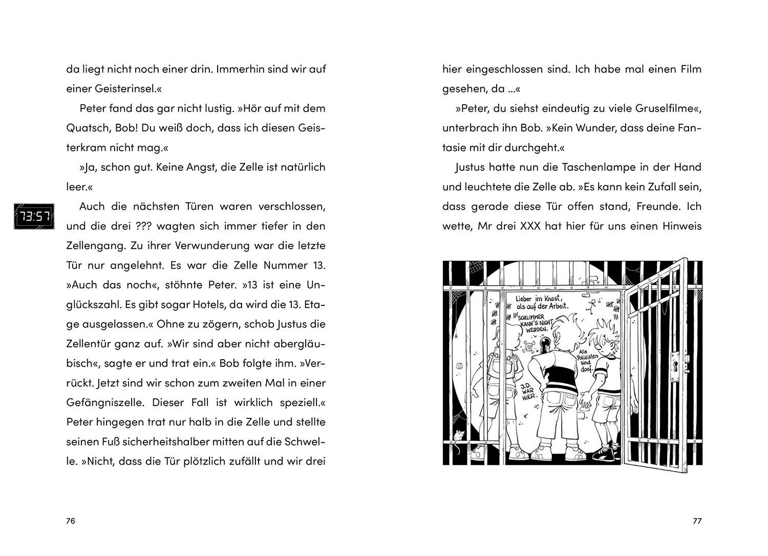 Eine Buchseite mit Text und einer Illustration rechts unten. Die Zeichnung zeigt zwei Kinder, die durch ein Gefängnisgitter blicken.