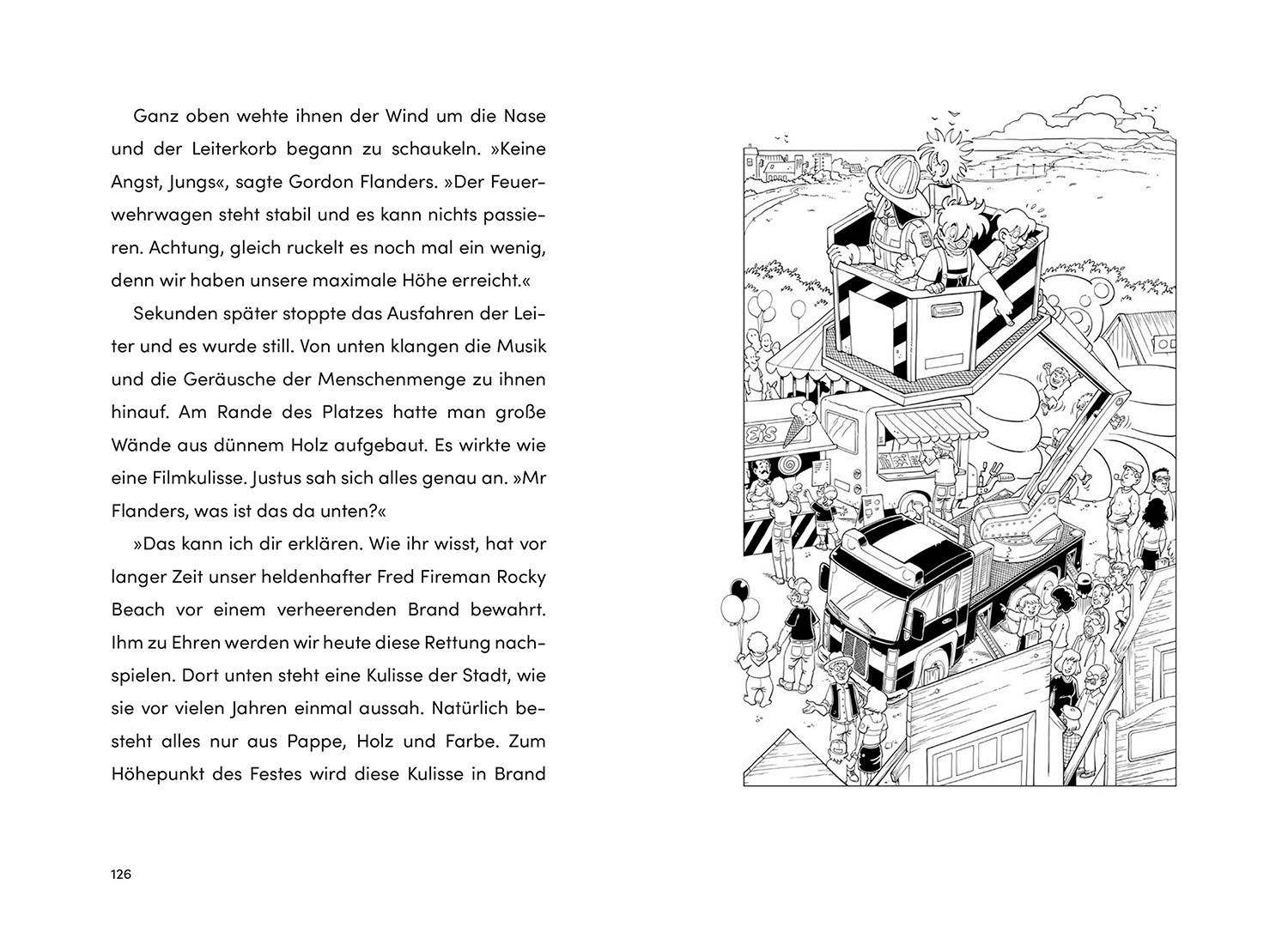 Eine Schwarz-Weiß-Illustration zeigt eine belebte Szene, in der Kinder auf einer Plattform stehen und das Meer im Hintergrund zu sehen ist. Textpassage beschreibt eine Geschichte um Abenteuer.