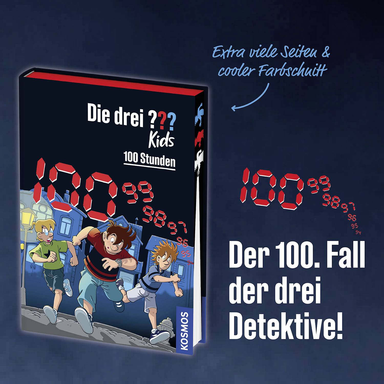 Das Buchcover zeigt 'Die drei ??? Kids: 100 Stunden'. Drei Kinder laufen fröhlich mit Taschenlampen, es ist der 100. Fall der Detektive.