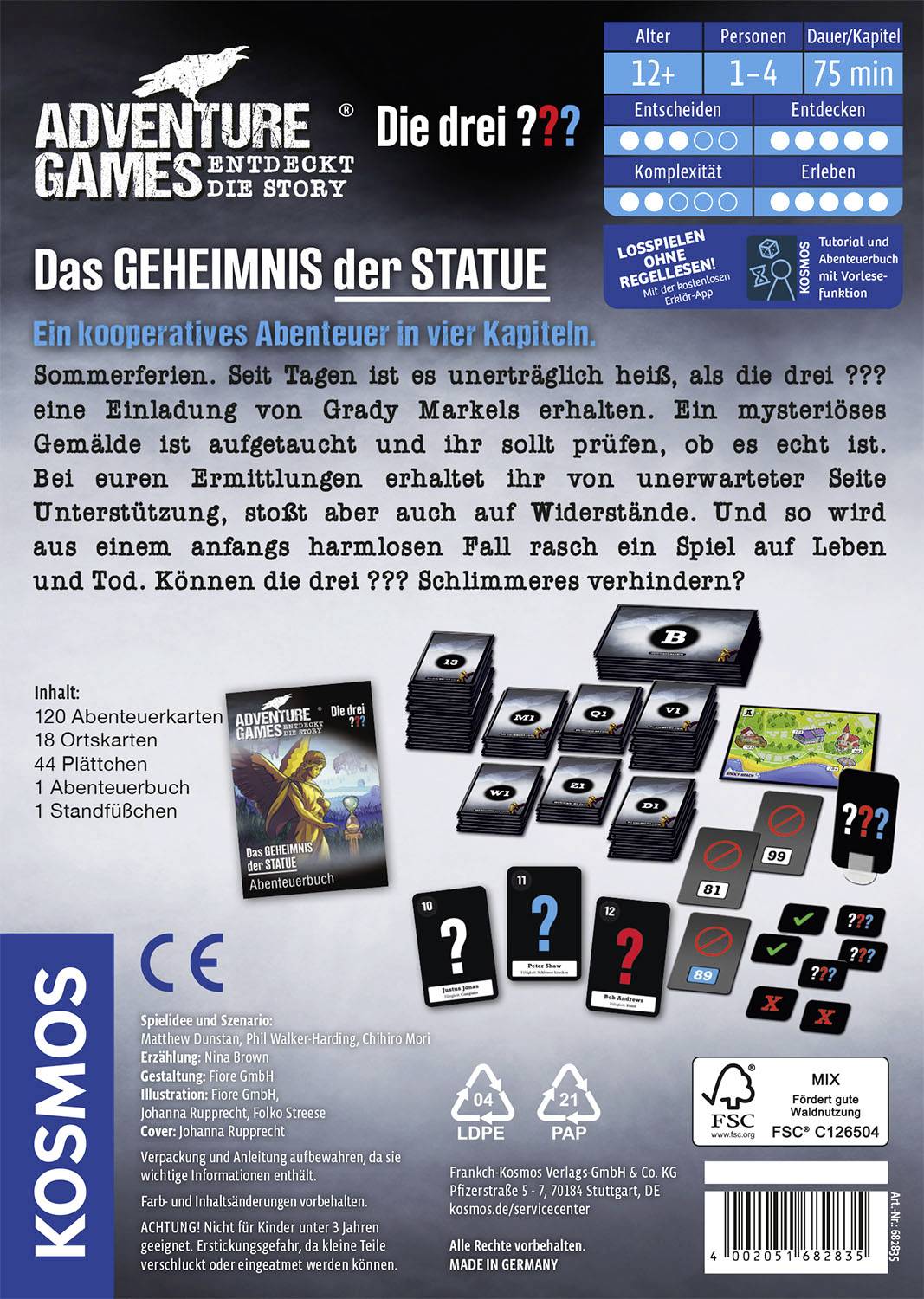 'Adventure Games: Das Geheimnis der Statue' Spielverpackung. Ab 12 Jahren, 1-4 Spieler, 75 Minuten. Enthält Karten, Anleitungen, Spielregeln. Kooperatives Detektivspiel in vier Kapiteln.
