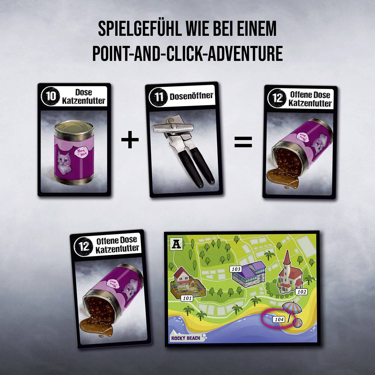 'Eine Dose Katzenfutter und ein Dosenöffner ergeben eine offene Dose Katzenfutter. Text: "SPIELGEFÜHL WIE BEI EINEM POINT-AND-CLICK-ADVENTURE".'