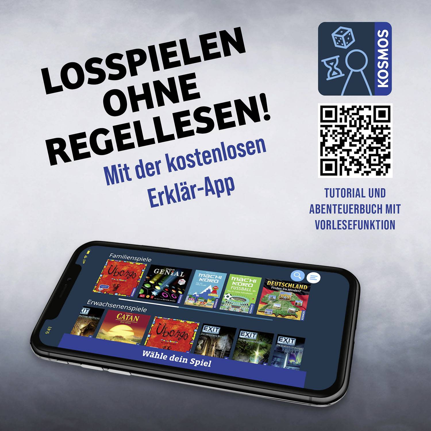 'Losspielen ohne Regellesen!' steht neben einem Smartphone mit Spiele-App. Ein QR-Code bietet eine Tutorial- und Abenteuerbuch-App an.