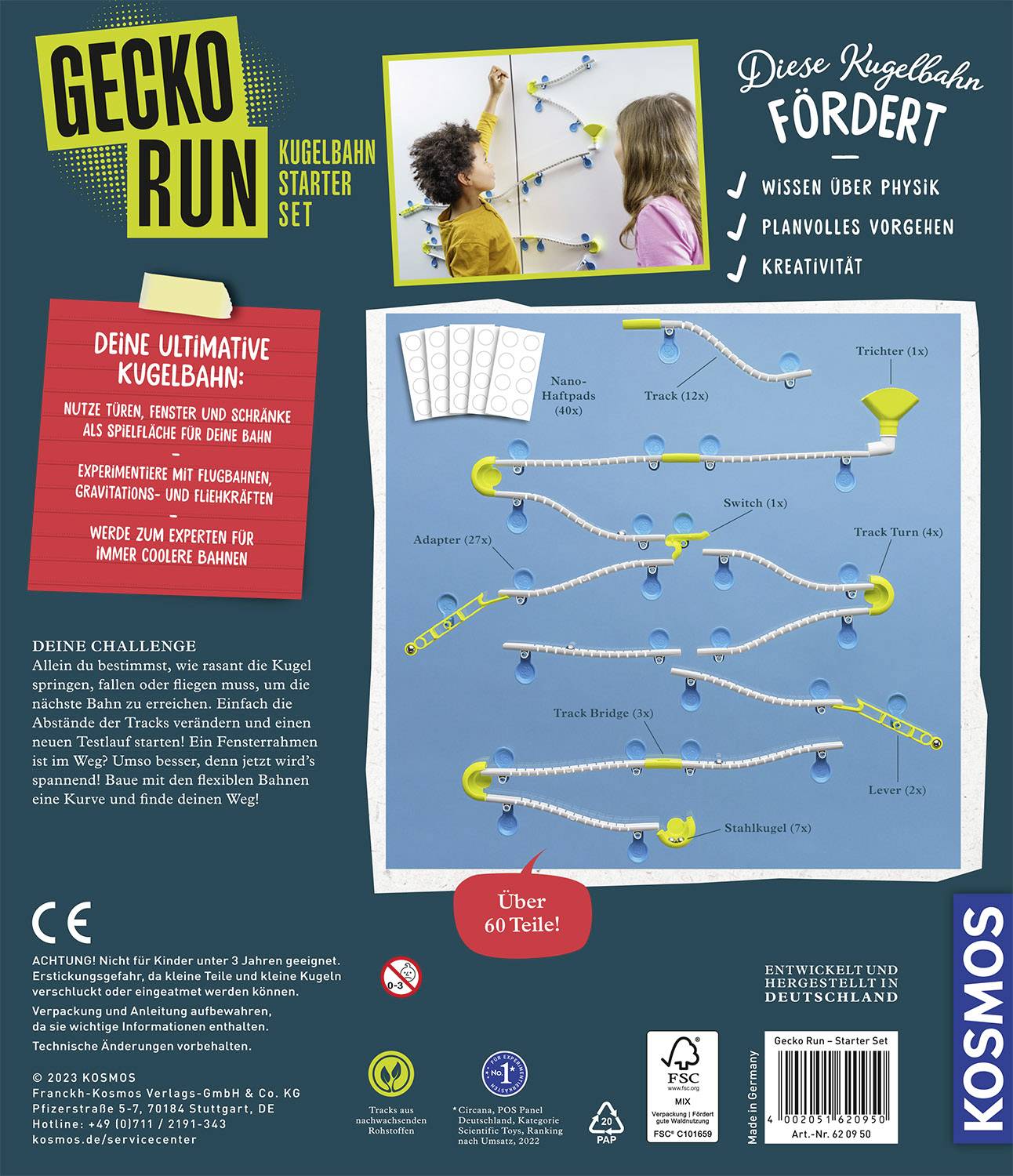 Verpackung des 'Gecko Run Kugelbahn Starter Sets'. Beinhaltet 60 Teile, fördert physikalisches Wissen, Planung und Kreativität.