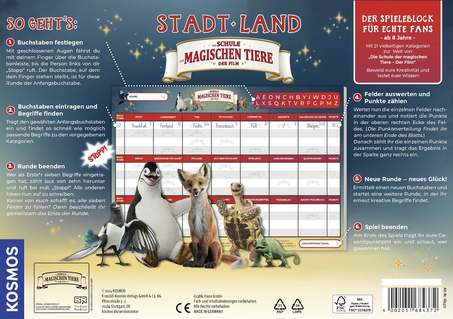 'Stadt-Land-Spiel aus "Die Schule der magischen Tiere – Der Film". Enthält Spielfeld, Tierfiguren und Spielanleitung. Für Fans ab 8 Jahren.'