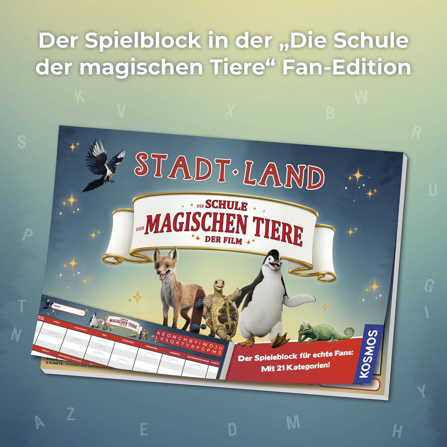 'Stadt-Land-Schule der magischen Tiere' Spielblock mit verschiedenen Tieren, farbenfrohem Design. Text oben: 'Der Spielblock in der „Die Schule der magischen Tiere“ Fan-Edition'.