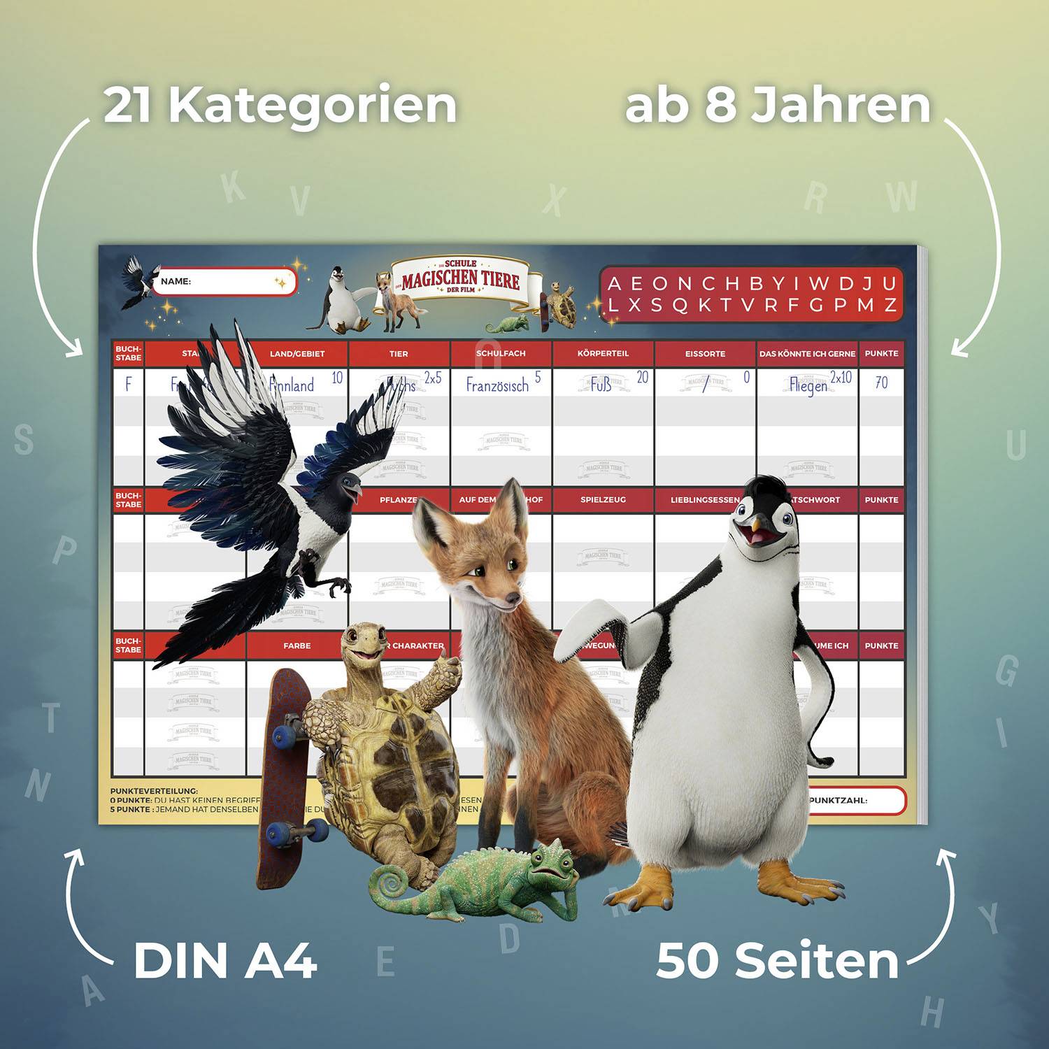 Spielplan mit 21 Kategorien für Kinder ab 8 Jahren. Zeigt Tiere wie Rabe, Fuchs, Pinguin und Schildkröte; Format DIN A4, 50 Seiten.
