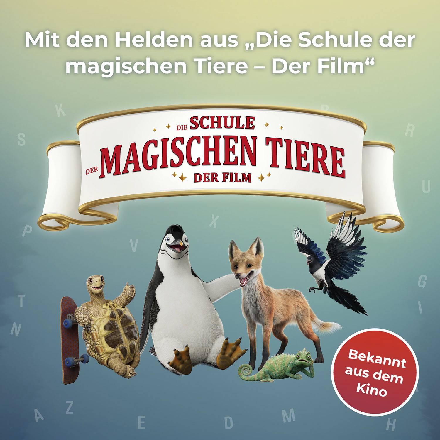 'Heldentiere aus "Die Schule der magischen Tiere – Der Film" vor blauem Hintergrund. Bezeichnet als bekannt aus dem Kino.'