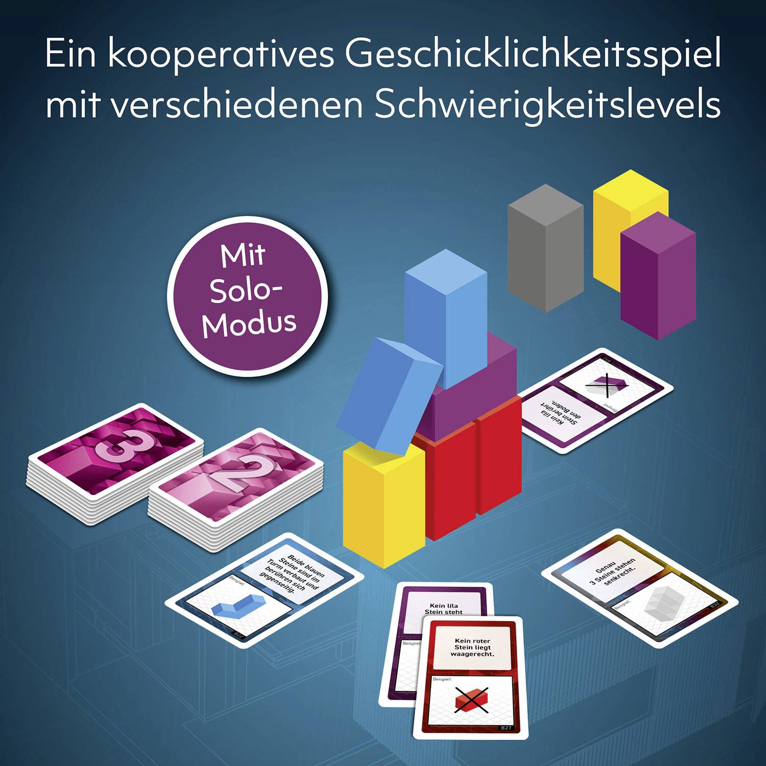 Ein kooperatives Geschicklichkeitsspiel-Setup mit Kartenstapeln und bunten Blöcken, bewirbt verschiedene Schwierigkeitslevel und Solo-Modus.