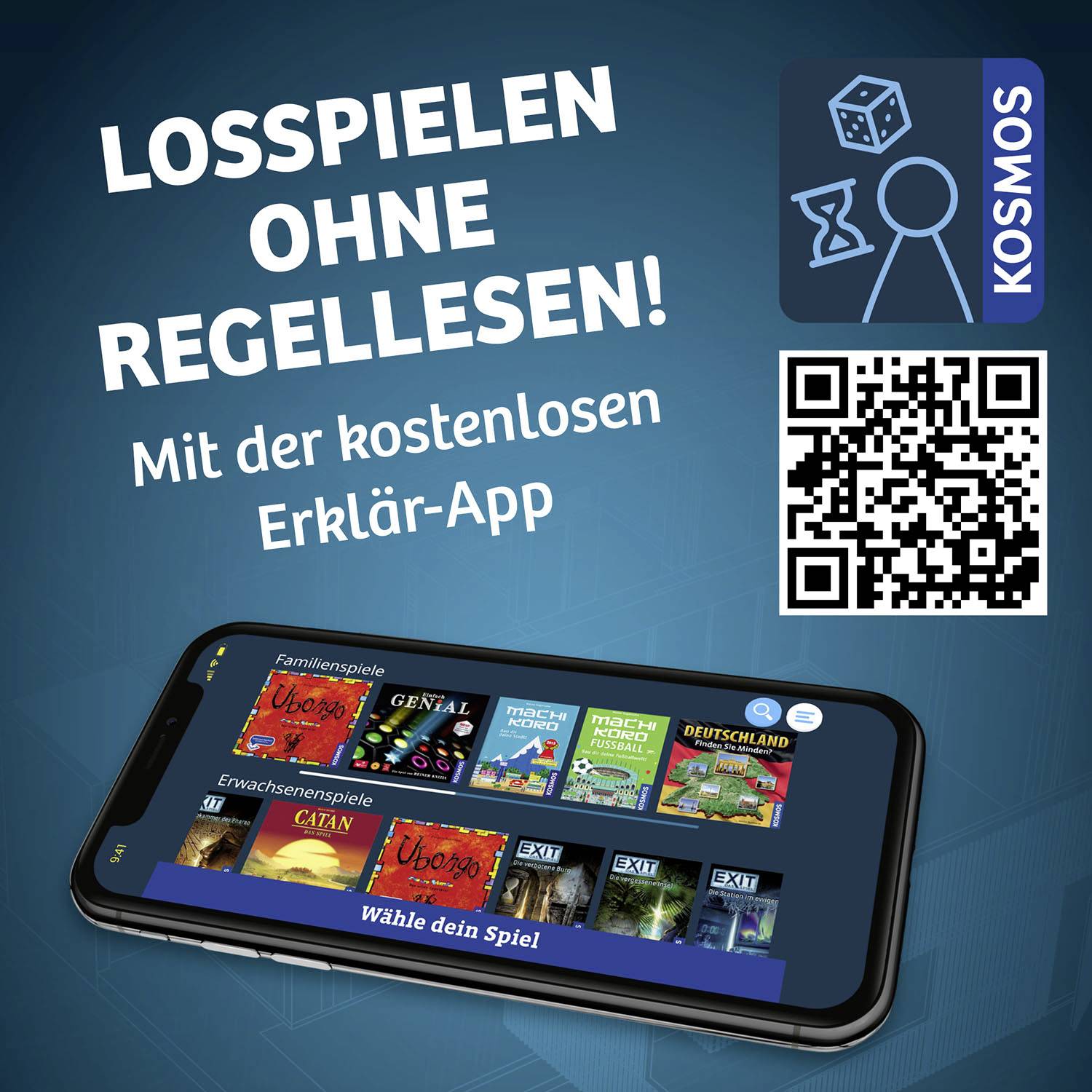 Ein Smartphone zeigt eine Auswahl an Brettspielen-Apps. Oben steht 'Losspielen ohne Regellesen! Mit der kostenlosen Erklär-App'. Rechts ein QR-Code.