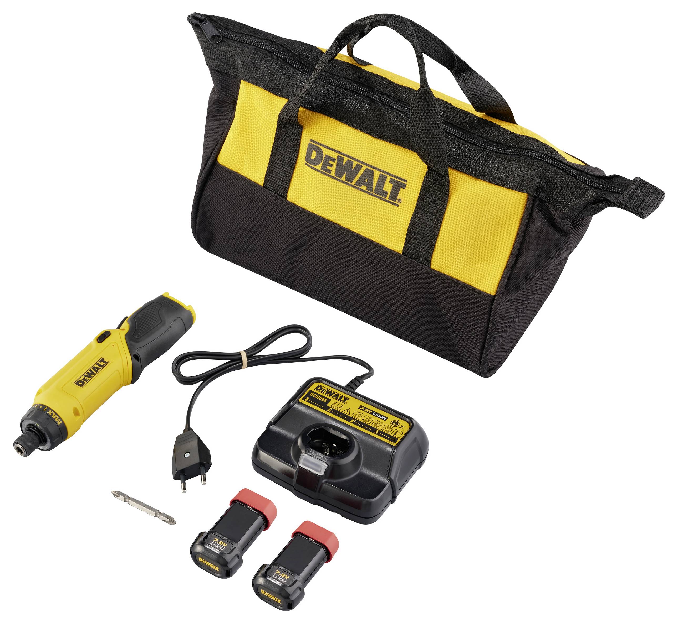 Akkuschrauber-Set mit Tasche, Ladegerät, zwei Akkus und Schraubaufsatz. Das Set ist für Heimwerker und professionelle Anwendungen geeignet.
