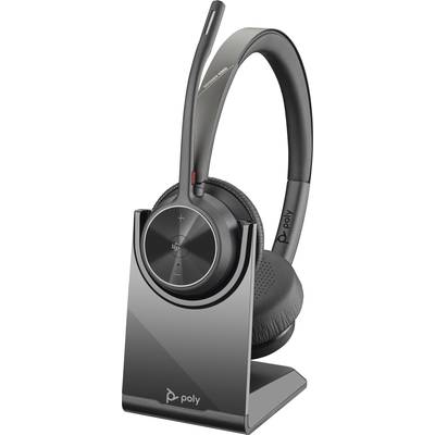 Kabelloses Headset von Poly mit Mikrofon und Kopfband, steht auf einer Ladestation. Ideal für Telefonkonferenzen oder Musik.