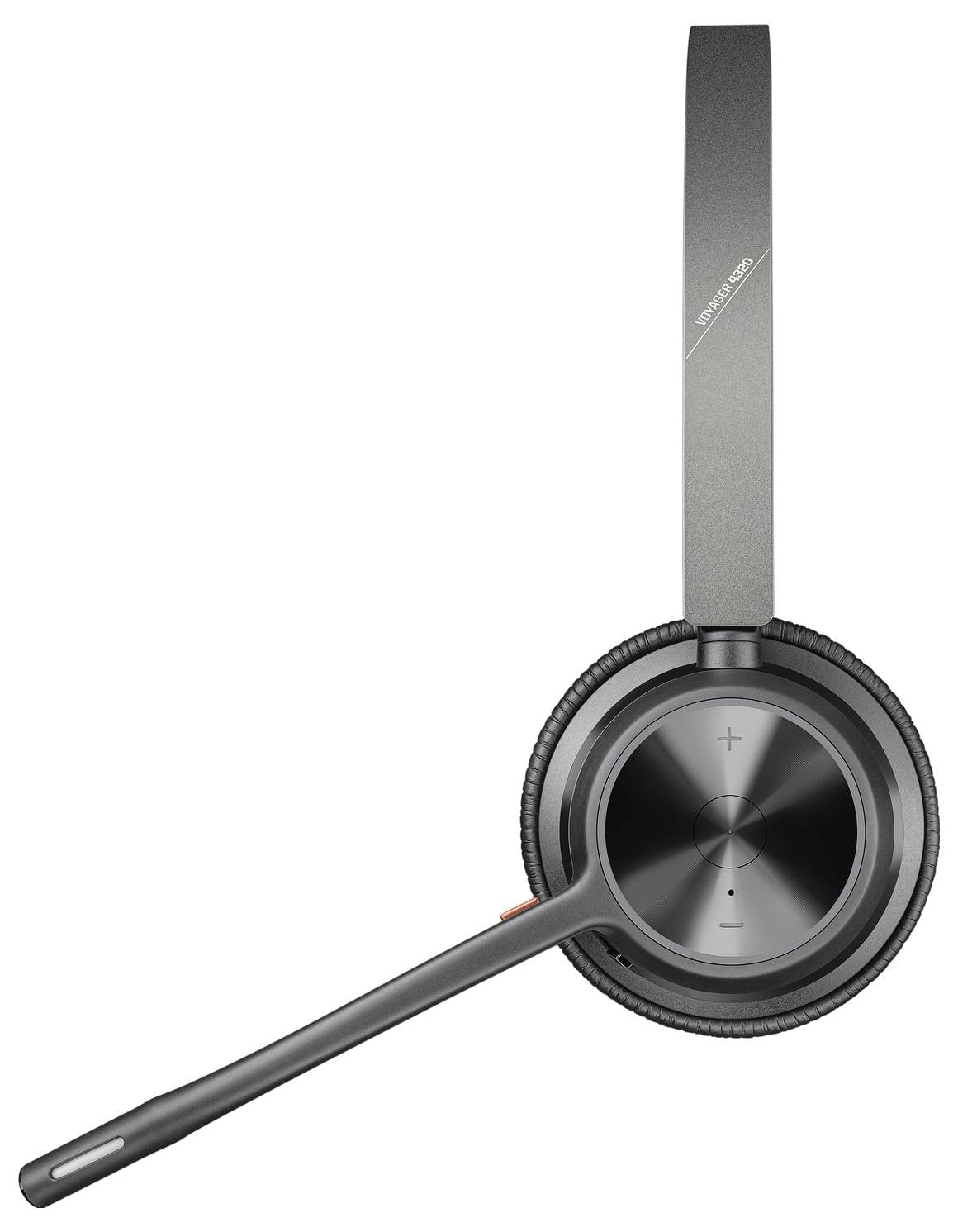 Ein kabelloses Headset mit Mikrofonarm an der linken Seite. Es hat ein elegantes, modernes Design und ist in dunkler Farbe gehalten.