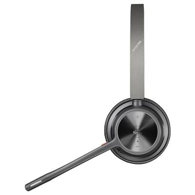 Ein graues, einseitiges Headset mit Mikrofonarm, geeignet für Kommunikation und Musik, auf weißem Hintergrund dargestellt.