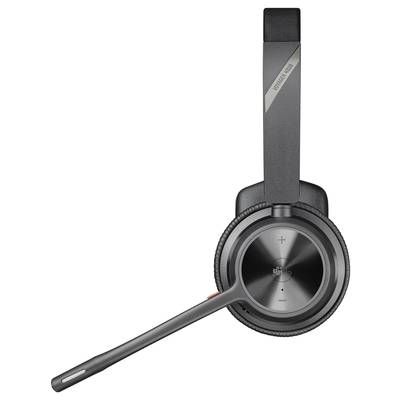 Schwarzes kabelloses Headset mit Mikrofonarm, geeignet für Büroanwendungen oder Telefonie. Zeigt Lautstärkeregelung auf der Ohrmuschel.