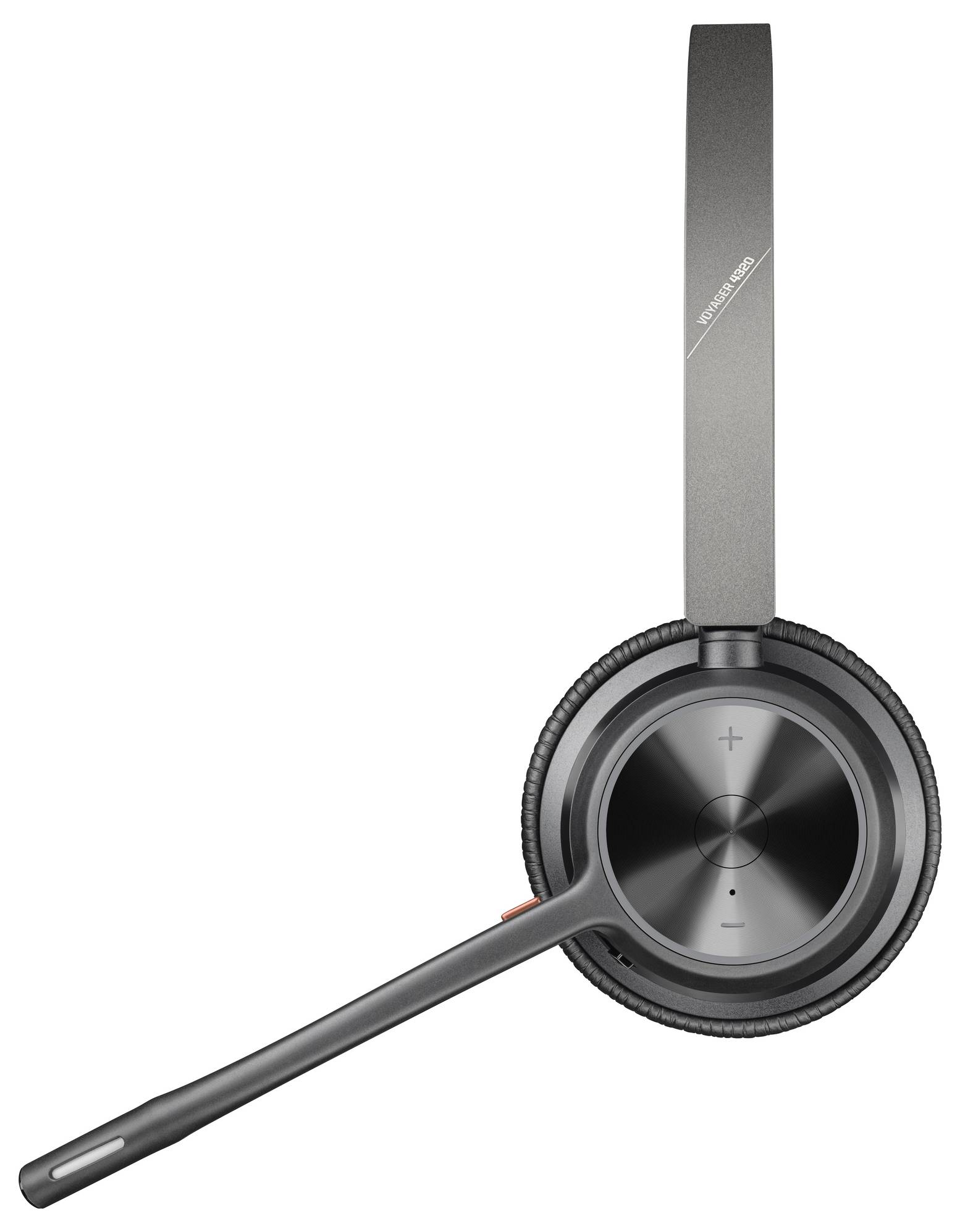 Drahtloses Headset mit Mikrofonarm, schwarzes, modernes Design, seitliche Tasten zur Lautstärkeregelung. Angenehm für längeres Tragen.