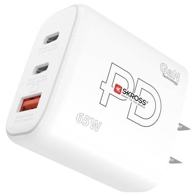 Ladegerät mit drei USB-Anschlüssen, darunter zwei USB-C, markiert mit 'PD' für Power Delivery, Leistung 65W, GaN-Technologie.