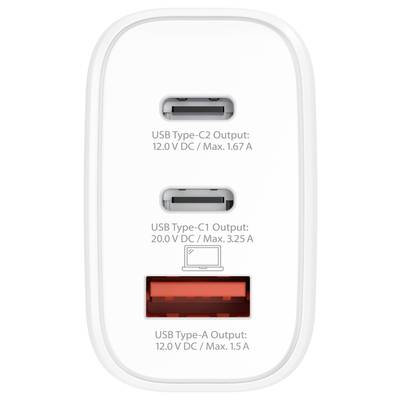 Ein Ladegerät mit drei USB-Anschlüssen: zwei USB-Typ-C (12V, 1,67A und 20V, 3,25A) und ein USB-Typ-A (12V, 1,5A).