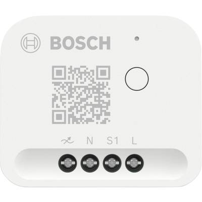 Ein Bosch-Sensor mit QR-Code und Knopf. Darunter vier Anschlüsse, beschriftet mit '⏚', 'N', 'S1', 'L'.