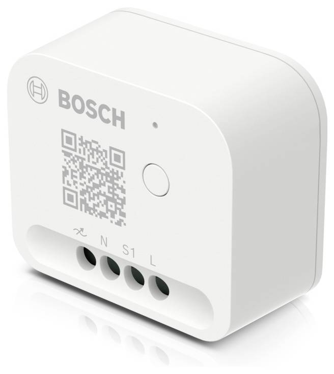 Ein weißes Bosch Smart Home-Gerät mit einem QR-Code auf der Vorderseite und Anschlüssen unten.
