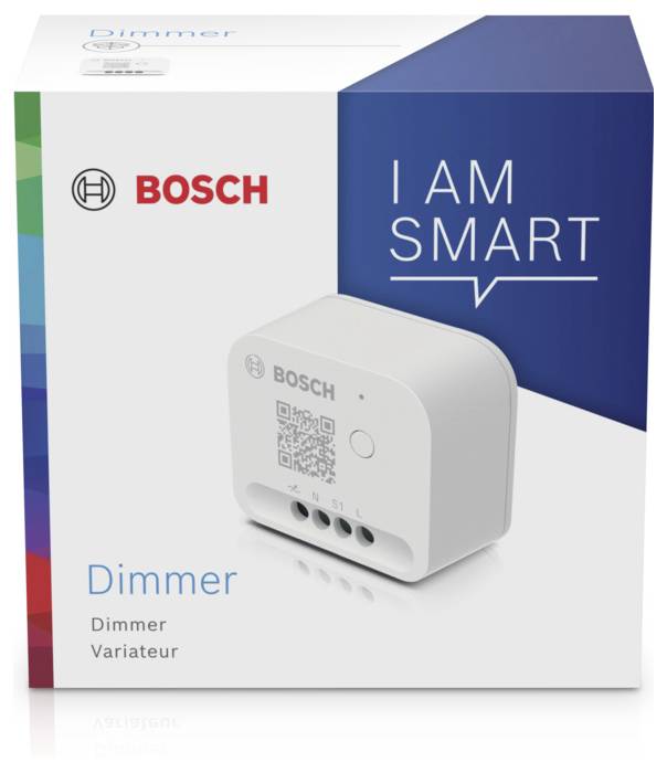 'Bosch Dimmer' Verpackung mit Produktabbildung. Slogan 'I am smart'. Produkt zeigt technischen Anschlüsse.