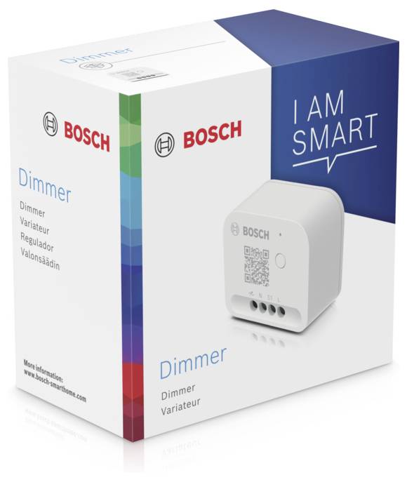 Bosch Dimmer-Verpackung mit Text 'I AM SMART'. Enthält QR-Code und technische Details für die intelligente Lichtsteuerung.