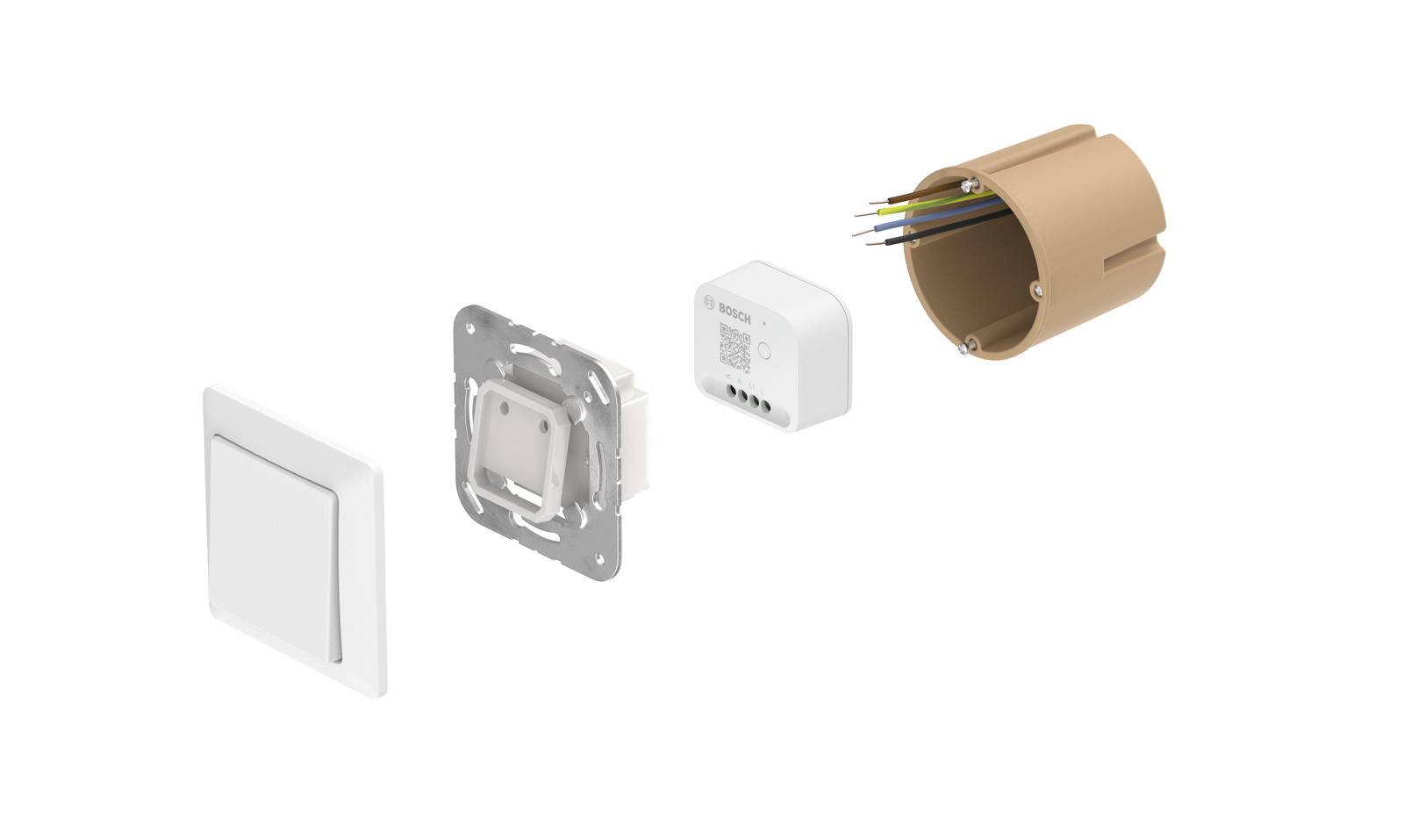 Darstellung eines Ausbaus eines Wandschalters: Abdeckung, Schalterrahmen, Smart-Adapter und Verkabelung in einer Wanddose.