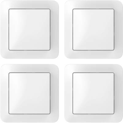 Vier weiße Lichtschalter in einem quadratischen Rahmen, symmetrisch angeordnet.