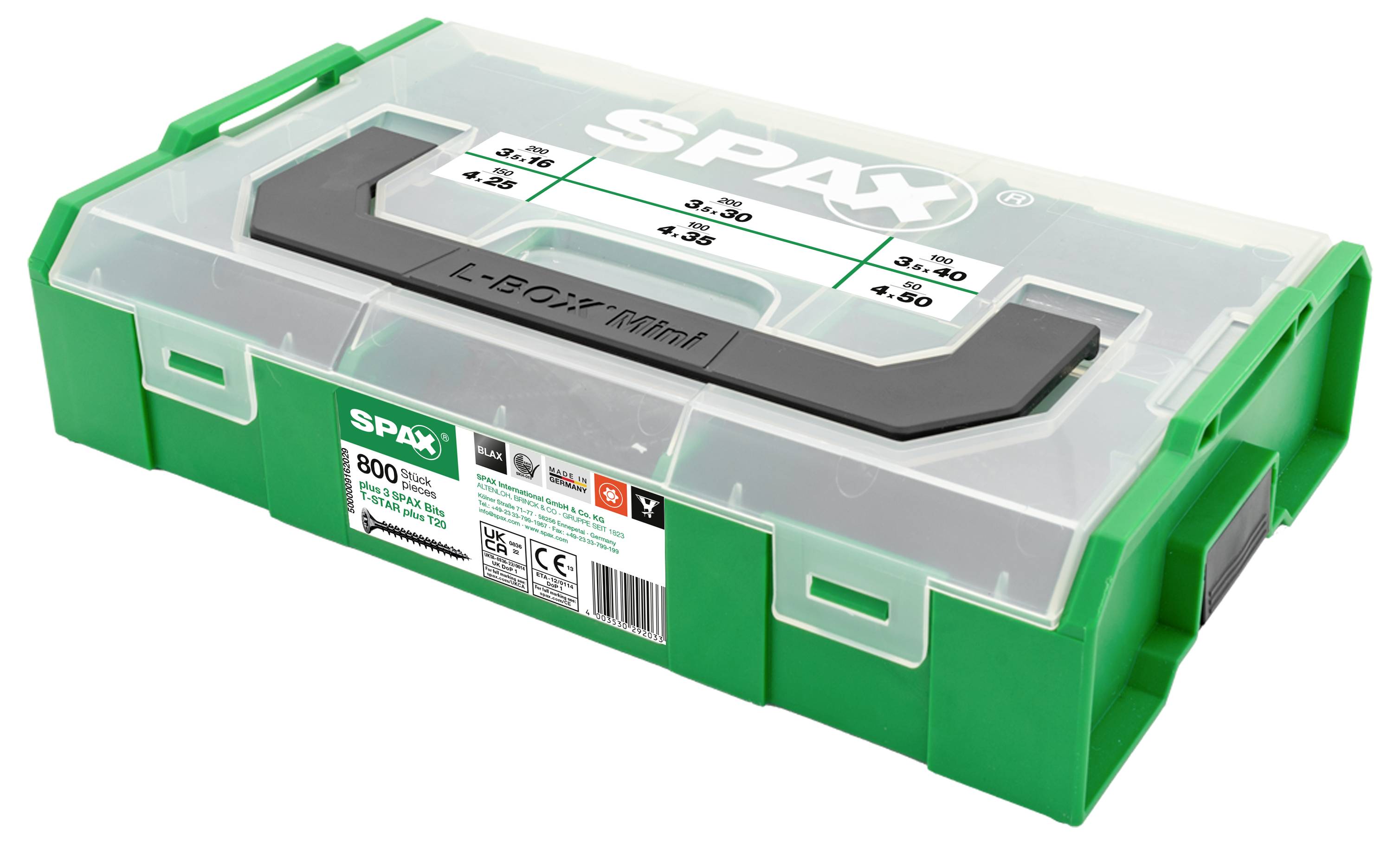 Grüne Kunststoffbox von SPAX mit transparentem Deckel und schwarzem Griff. Enthält Schrauben unterschiedlicher Größen.