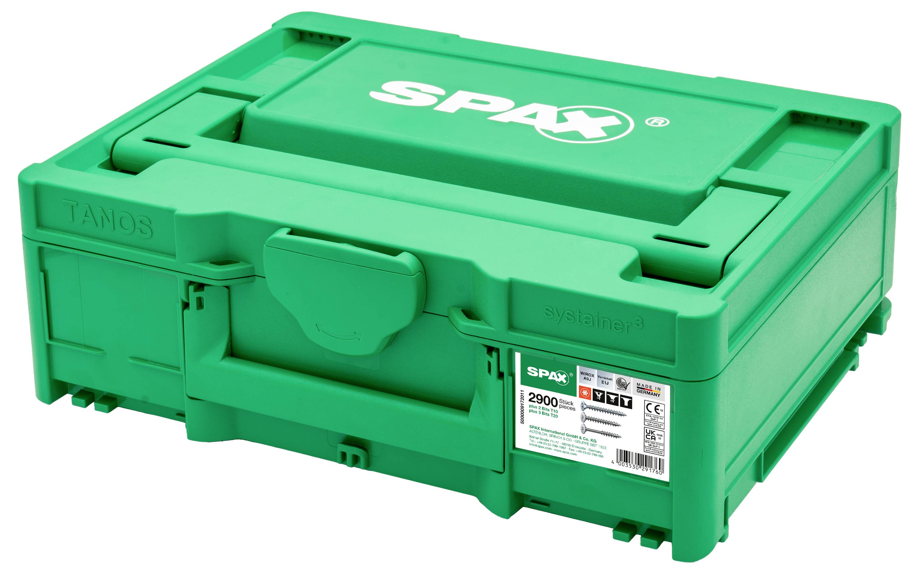 Ein grüner Werkzeugkoffer von SPAX mit Griff, geeignet zur Aufbewahrung und Transport von Schrauben oder Werkzeugen.