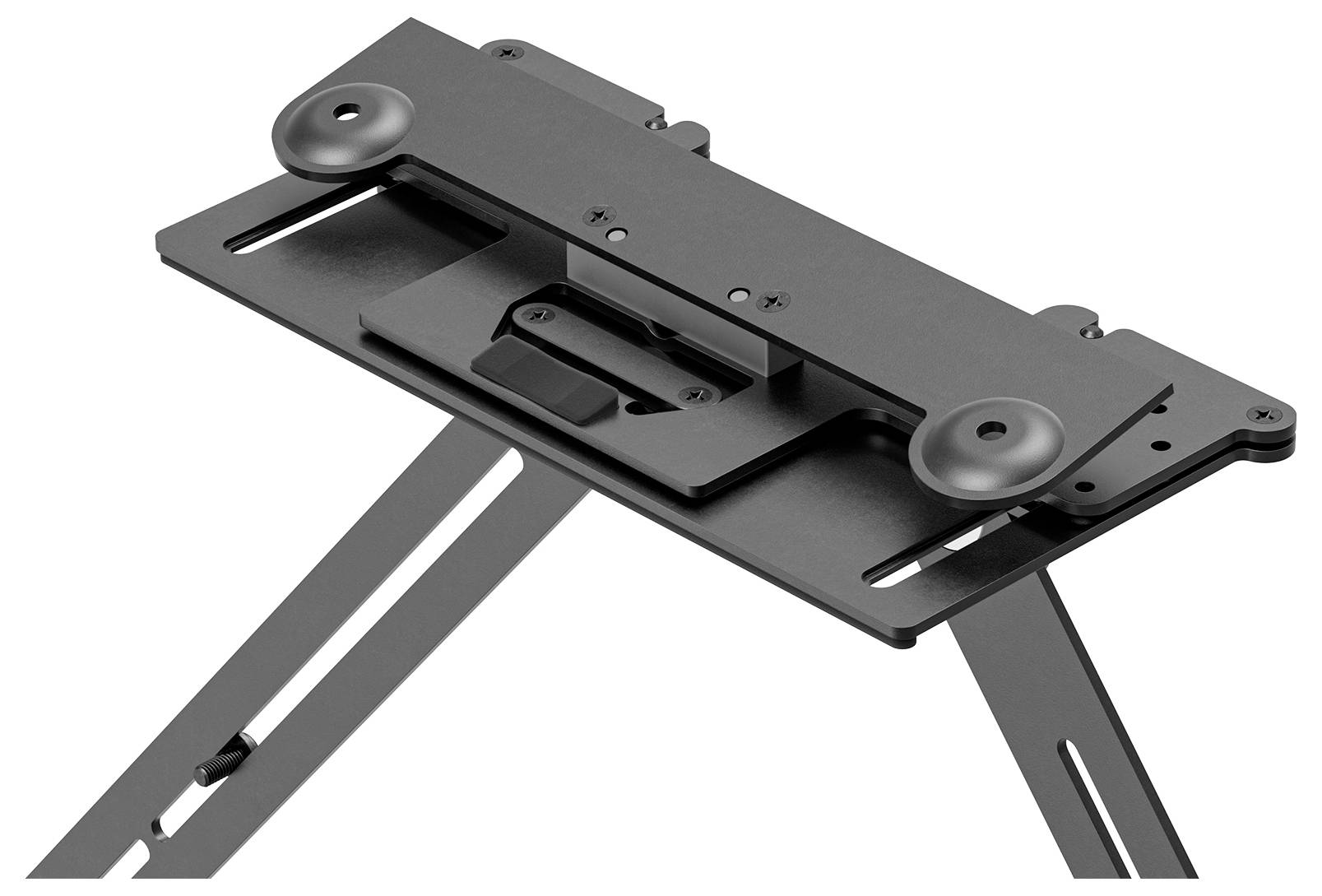 Ein schwarzes Metallständer mit verstellbaren Schienen, geeignet zum Halten elektronischer Geräte wie Laptops oder Tablets.