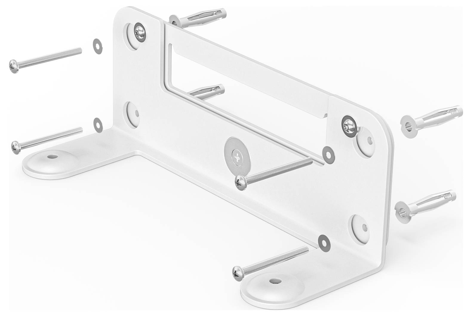 Weiße Wandhalterung aus Metall mit Schrauben und Dübeln zur Befestigung.