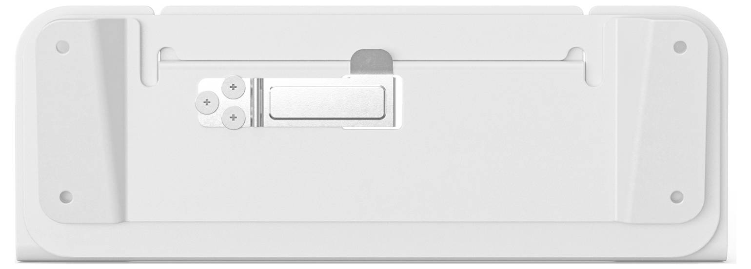 Eine weiße elektronische Basisstation mit einem zentralen Steckplatz und Befestigungselementen an den Seiten.