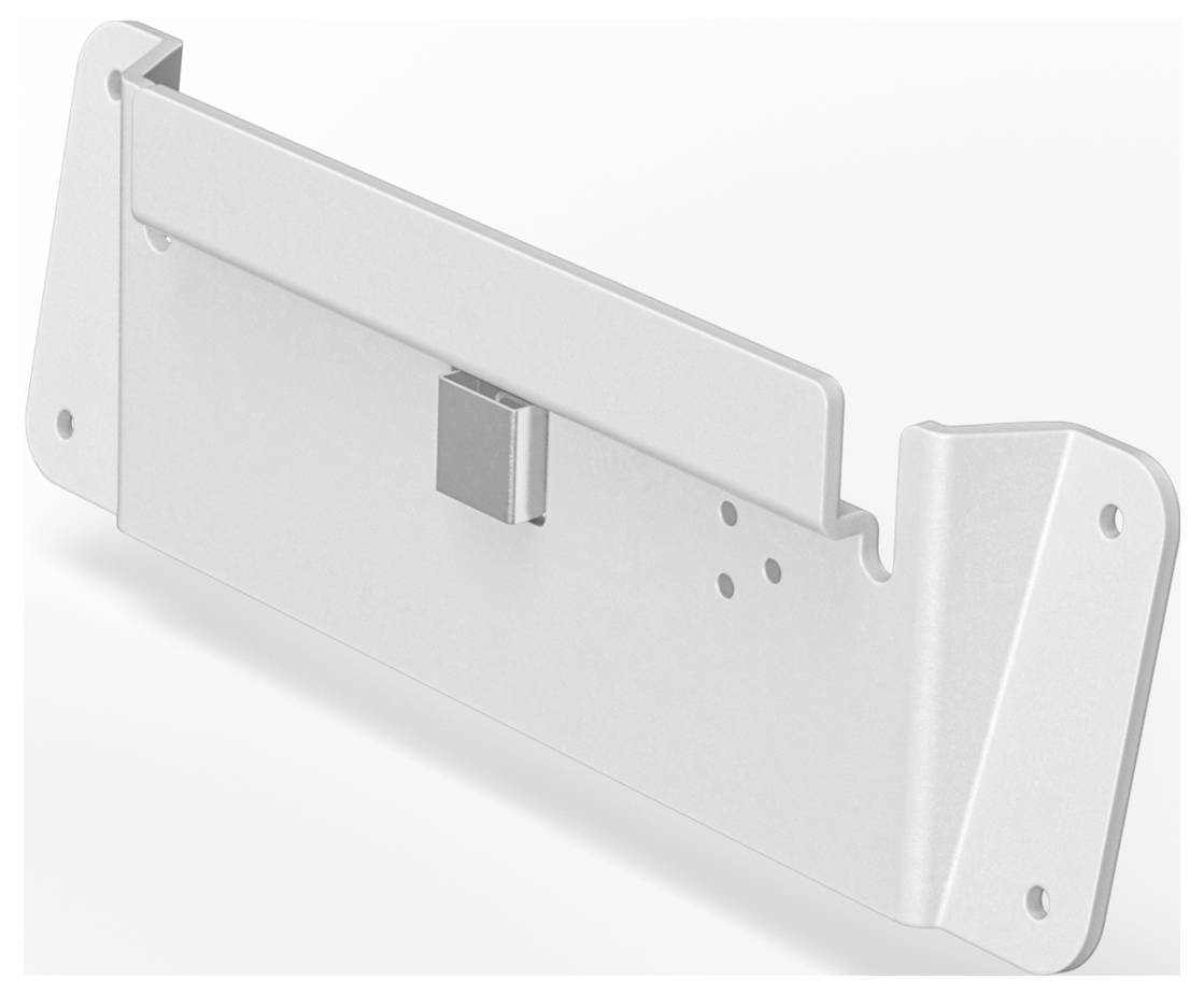 Metallhalterung mit rechteckiger Form, mehreren Schraublöchern und einem zentralen, quadratischen Clip, ohne erkennbares Logo oder Text.