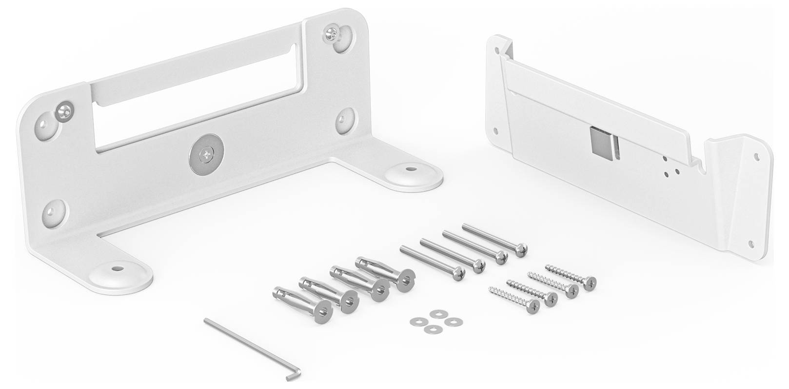 Montageset mit zwei weißen Metallhalterungen, mehreren Schrauben, Unterlegscheiben und einem Inbusschlüssel.