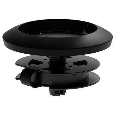 Schwarze, runde, dreiteilige Plastikhalterung mit einem zentralen Schraubmechanismus; dient zur Befestigung an Oberflächen.