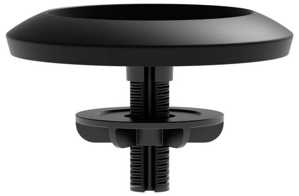 Schwarzer, runder Gegenstand mit Schraubmechanismus in der Mitte, bestehend aus zwei Teilen, die übereinander montiert sind.