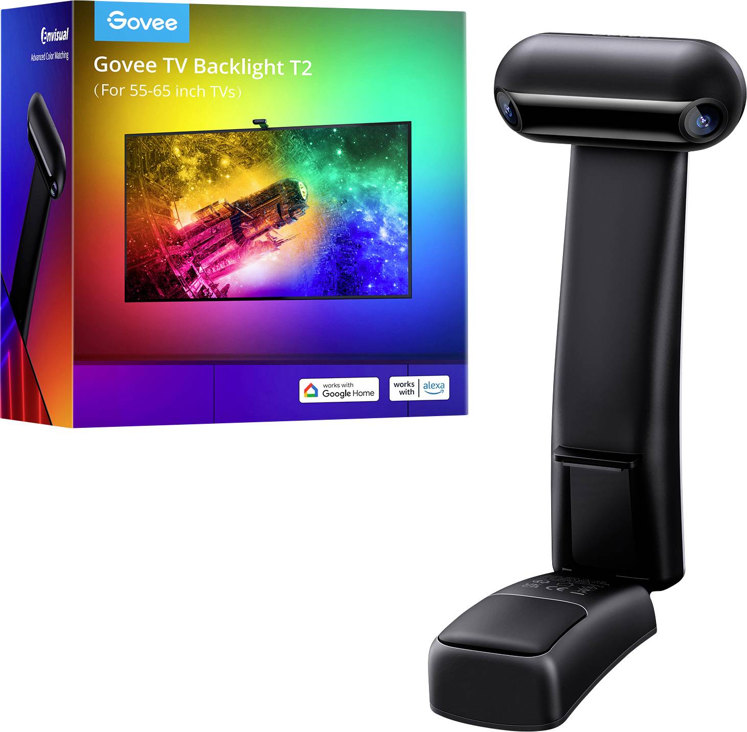 Eine Govee TV-Hintergrundbeleuchtung T2 für 55-65 Zoll Fernseher, mit Verpackung und dem Gerät, das für farbige Beleuchtung sorgt.